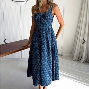 MIKA & GALA Hair Down Square Neck A-Line Midi Dress Floral Denim Women’s Small